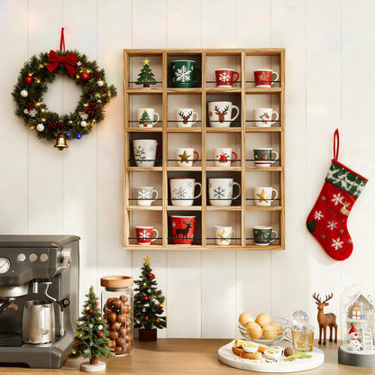 WYJREES Wooden Coffee Mug Display Rack, Wall Mounted Coffee Cup Display Shelf, Hold 24 Mugs, Rustic Shot Glass Display Case, Coffee Mug Holder Organizer for Kitchen, Coffee Station (23.6 * 29.5in)