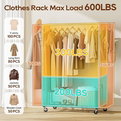 TigerParty Heavy Duty Clothes Rack,Load 600 LBS,Metal Garment Rack,Standing Rolling,Clothing Rack for Hanging Clothes,Portable Closet Wardrobe Rack for Bedroom Laundry Living Room