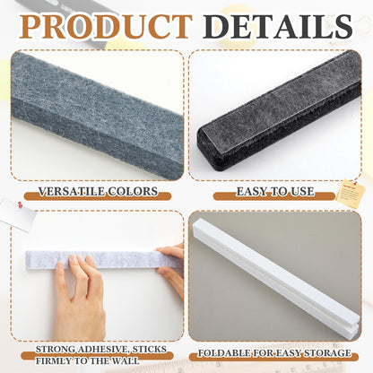 Mooliwe 4 Pcs 48" x 1" Felt Cork Bulletin Bar Strips for Wall, Self-Adhesive Notice Board Strips, Wall Decor for Notes, Photos, Schedules, Office & Home Use (Silver Black White Grey)