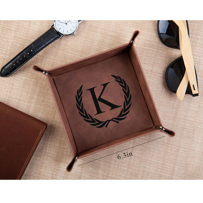Personalized Leather Valet Tray Engraved Initials Key Tray Nightstand Organizer Valentines Day Birthday for Men Dad Husband Boyfriend (M)
