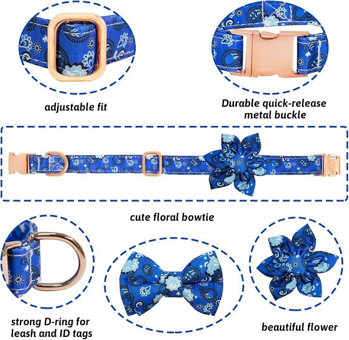Dog Collar and Leash Set Girls Adjustable Puppy Collars with Floral Bow Tie for Small Medium Large Female Dogs, BluePaisley, S