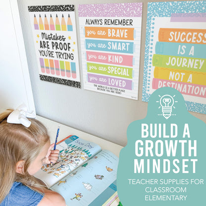 Hadley Designs Motivational Poster for Classroom Decor -9 Growth Mindset Classroom Posters Elementary, Inspirational Wall Decor Middle School, Teacher Must Haves, Pastel Bulletin Board Decorations