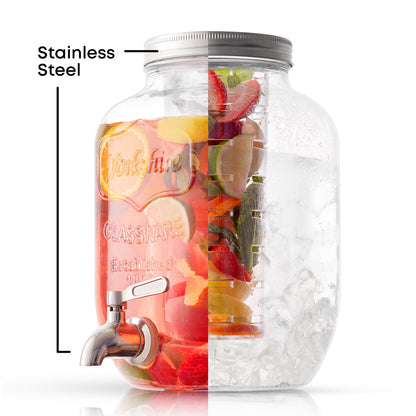 1-Gallon Drink Dispenser. Glass Beverage Dispenser with Stainless steel Spigot plus Ice Cylinder and Fruit Infuser! Water Dispenser, Lemonade Stand, Juice Container - Drink Dispensers for Parties