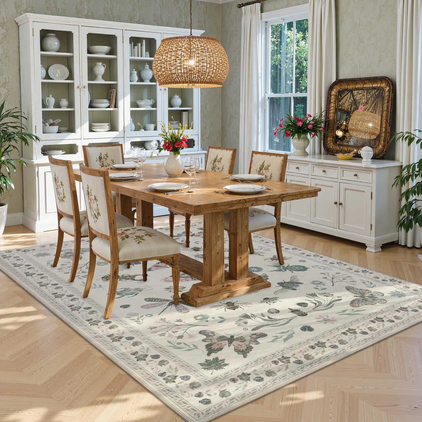 Dadasgk Insect Print Washable Rugs for Living Room, Soft 6x9 Area Rugs for Bedroom, Ultra-Thin Non Slip Nature Area Rug Low Pile Stain Resistant Throw Carpet for Dining Room Office, Beige
