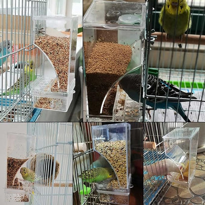 kathson No-Mess Bird Feeder Parrot Integrated Automatic Feeder Seed Food Container Acrylic Finch Foraging Feeders with Perch Cage Accessories for Small Birds Parakeet Canary Cockatiel Lovebirds