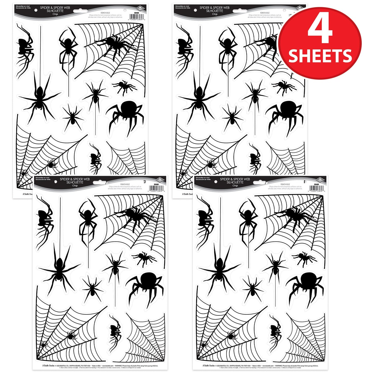 Beistle 4 Sheets (44 Pieces) Black Spider & Web Window Clings - Creepy And Realistic Looking Halloween Decorations For Spooking Up Your Home, Made In USA Since 1900