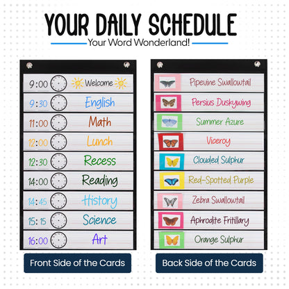 Essex Wares - 13 Pocket Daily Schedule Pocket Chart, Ultra-Durable Visual Schedule for Kids - Easy to Use, Reusable Daily Schedule for Kids - Reversible Chart for Sentence Strips