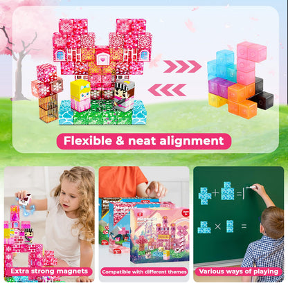 Magnetic Blocks - 100PCS Magnetic Building Block Cubes, Magnet Blocks Transparent Castle Princess Toy Building Sets for Kids, STEM Stacking Magnets Toys, Easter Birthday Gift for Boys Girls Age 4-8