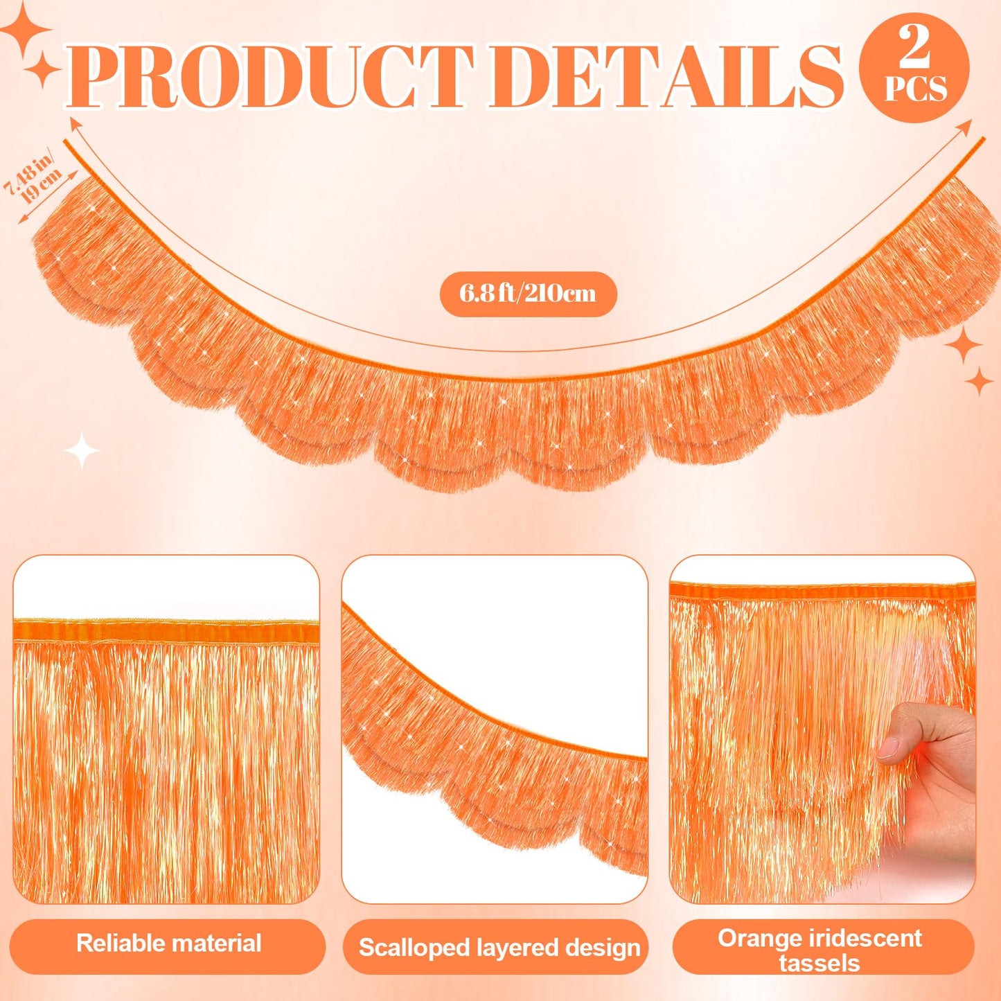 APUDWN 2Pcs 6.89ft Orange Iridescent Scalloped Fringe Banner Layered Tassel Garland Backdrop For Halloween Party Decoration Fall Birthday Photo Booth Streamer Bachelorette Bridal Shower Carnival Decor