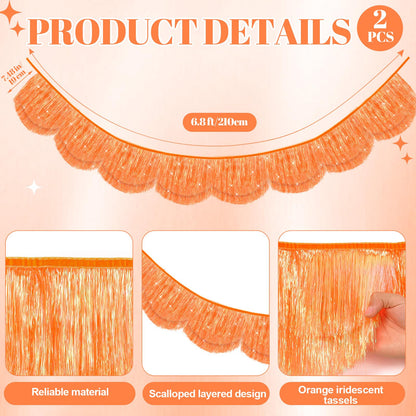 APUDWN 2Pcs 6.89ft Orange Iridescent Scalloped Fringe Banner Layered Tassel Garland Backdrop For Halloween Party Decoration Fall Birthday Photo Booth Streamer Bachelorette Bridal Shower Carnival Decor