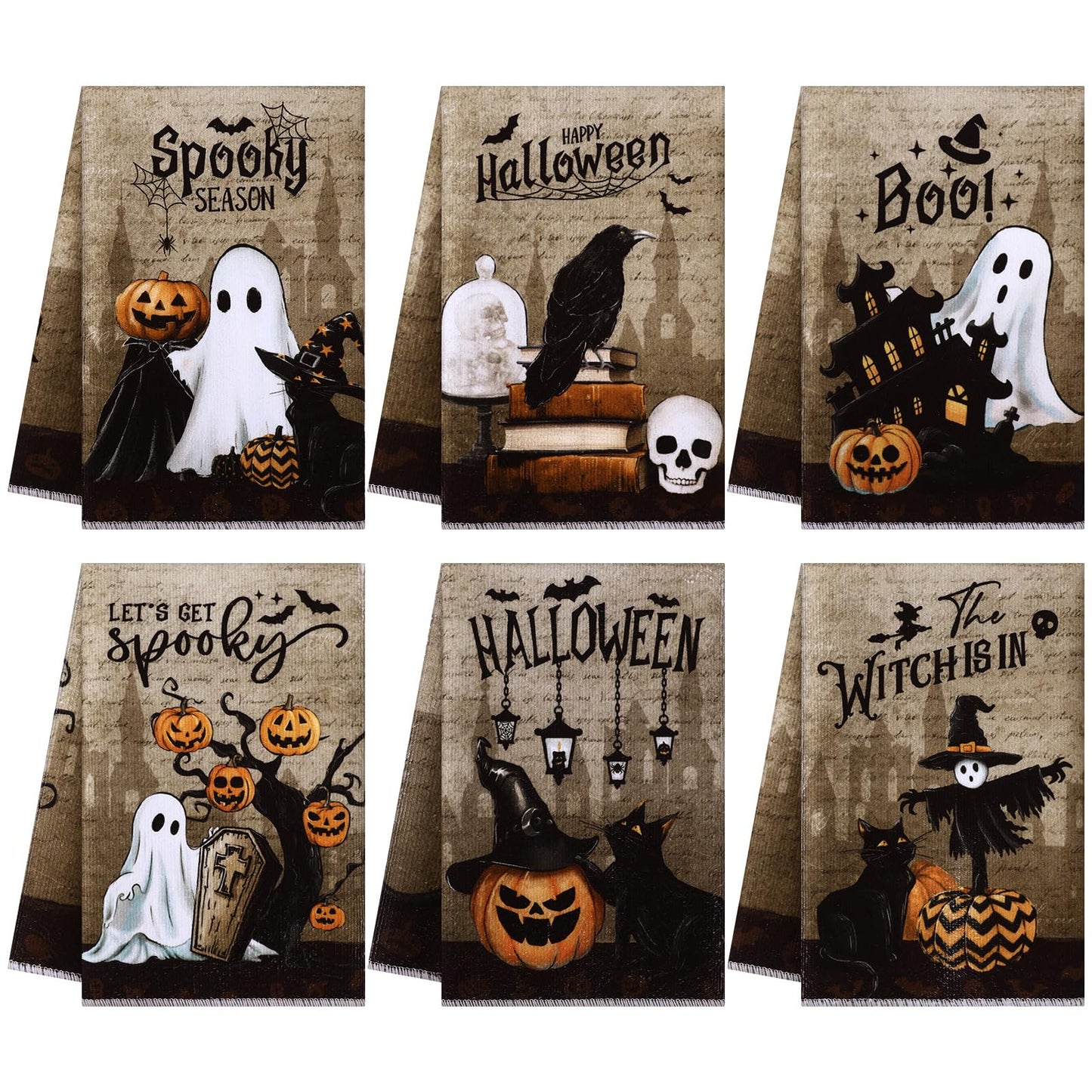 Ganeen 6 Pcs Halloween Kitchen Towels Dwarfs Cobwebs Witches Castles Dish Towels Fiber Fingertip Hand Towel Decorative Tea washtowels 14.2 x 21.3 Inch for Decorative Bathroom Holiday (Goth)