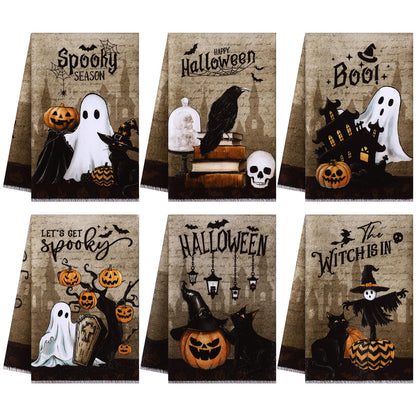 Ganeen 6 Pcs Halloween Kitchen Towels Dwarfs Cobwebs Witches Castles Dish Towels Fiber Fingertip Hand Towel Decorative Tea washtowels 14.2 x 21.3 Inch for Decorative Bathroom Holiday (Goth)