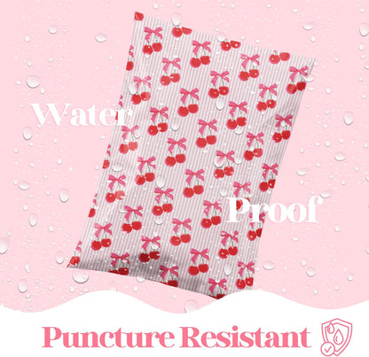 14.5x19 Designer Poly Mailer 100 Pack Heavy Duty Waterproof Self Seal Shipping Bags, Small Business Large Mailing Envelopes Bulk Tear Resistant Packaging Pink Stripe Cherry Fruit