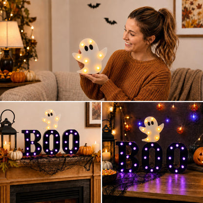 InnovTools Autumn Halloween Decorations BOO Marquee Letters with Ghost Light Purple LED Light Up Sign Spooky Table Centerpiece Wall Decor for Halloween Home Room Indoor Party Battery Operated Signs