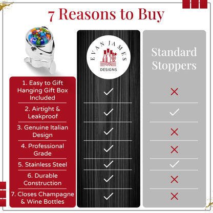Wine Stopper & Champagne Stopper All In One - Patented Seal, Preserves Bubbles & Taste for Prosecco, White and Red Wines. 1 Pro Grade Evan James Bottle Stopper With Hanging Gift Box