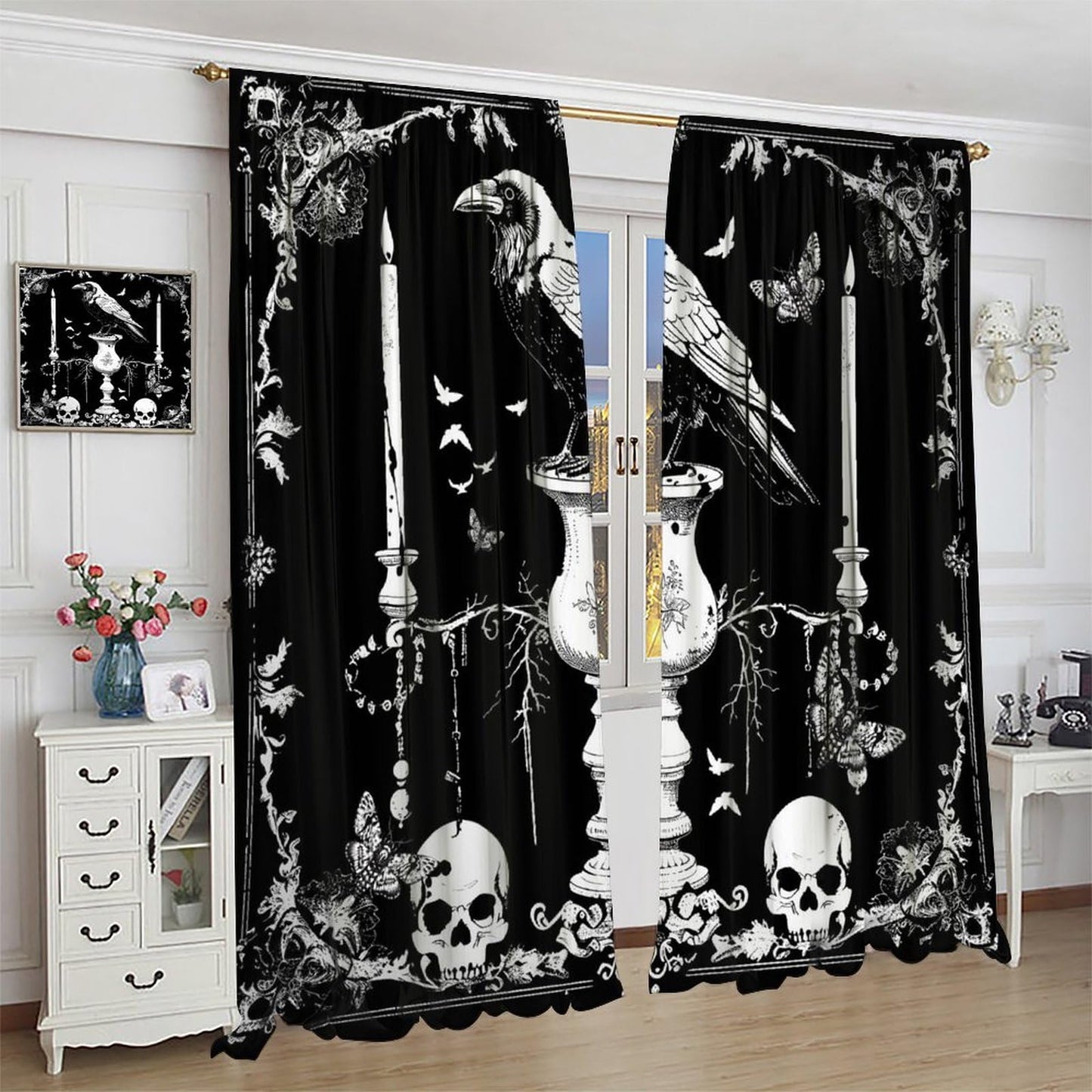AAVEUP Gothic Crow Curtains for Boys,Mysterious Simple Eerie Skull Moth Raven Candle Flower Window Drapes Print for Halloween Kids Boys Girls Bedroom Living Room Bathroom 42x45in