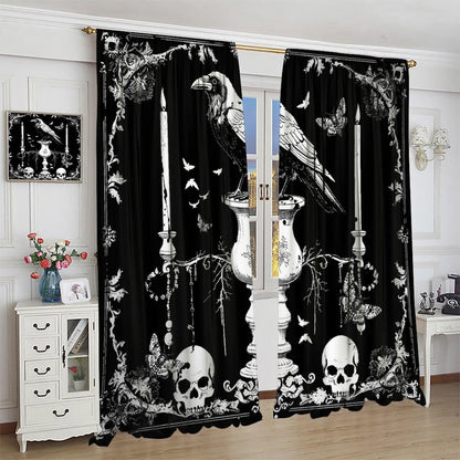 AAVEUP Gothic Crow Curtains for Boys,Mysterious Simple Eerie Skull Moth Raven Candle Flower Window Drapes Print for Halloween Kids Boys Girls Bedroom Living Room Bathroom 42x45in