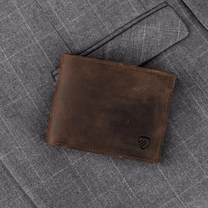 RUNBOX Genuine Leather Bifold Wallet for Men - RFID Blocking Slim Wallet with 9 Card Slots, 1 ID Window & Bill Compartment - Gift Box Packaging
