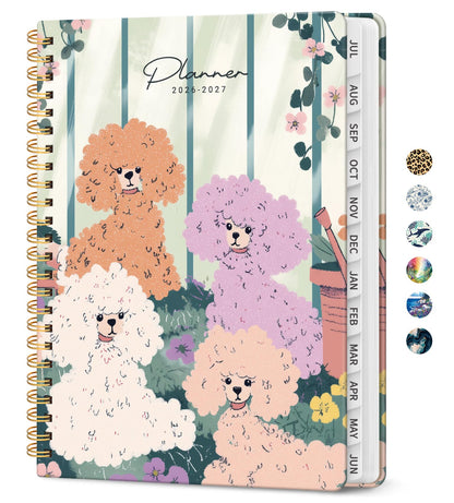 Planner 2026–2027, Weekly & Monthly Academic Organizer for School Year, Jul 2026–Jun 2027, Hardcover Planner with Tabs, Back to School Essential, 6.3" x 8.5", Poodle Garden