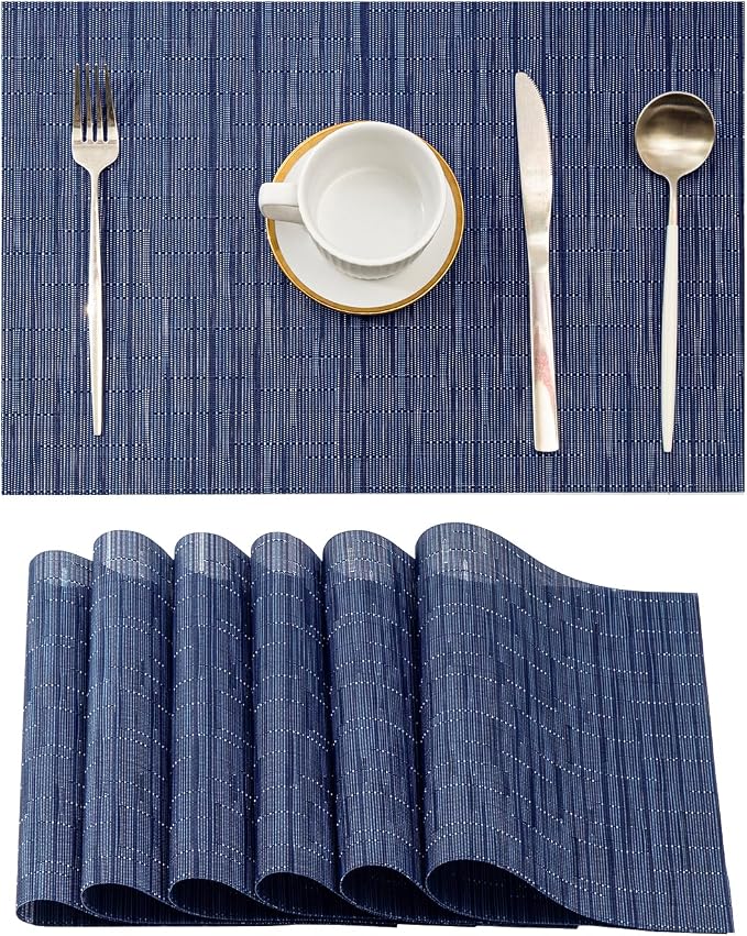 Leetaltree Blue Placemats Set of 6 - Heat Resistant Non-Slip Place mats for Dining Table, Washable Durable PVC Vinyl Woven Table Mats（Blue, 6）