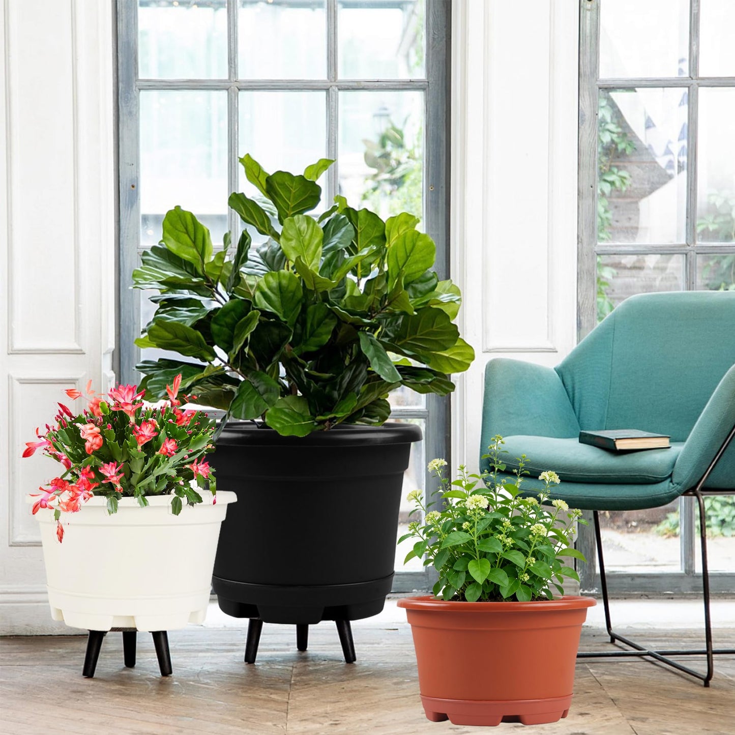 KPUVX Outdoor Flower Pots 5 Packs 13 inch pots for Plants Modern Decorative Garden Pot with Saucer, Lightweight Large Resin Planters for Indoor Plants,Decorative Resin Plant pots