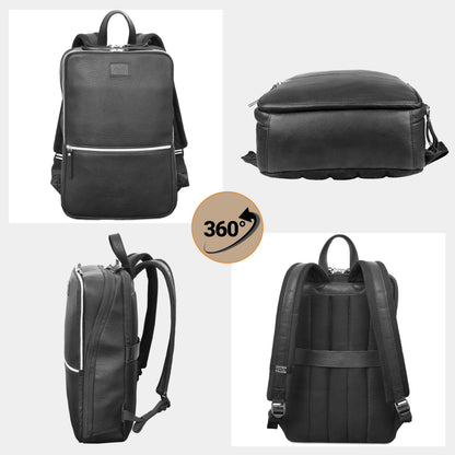 LEATHER VILLAGE Leather Laptop Backpack for Men | Black | Slim Professional Business Bag Fits 15.6”-Laptop | Water-Repellent Work & Travel Daypack with Trolley Strap
