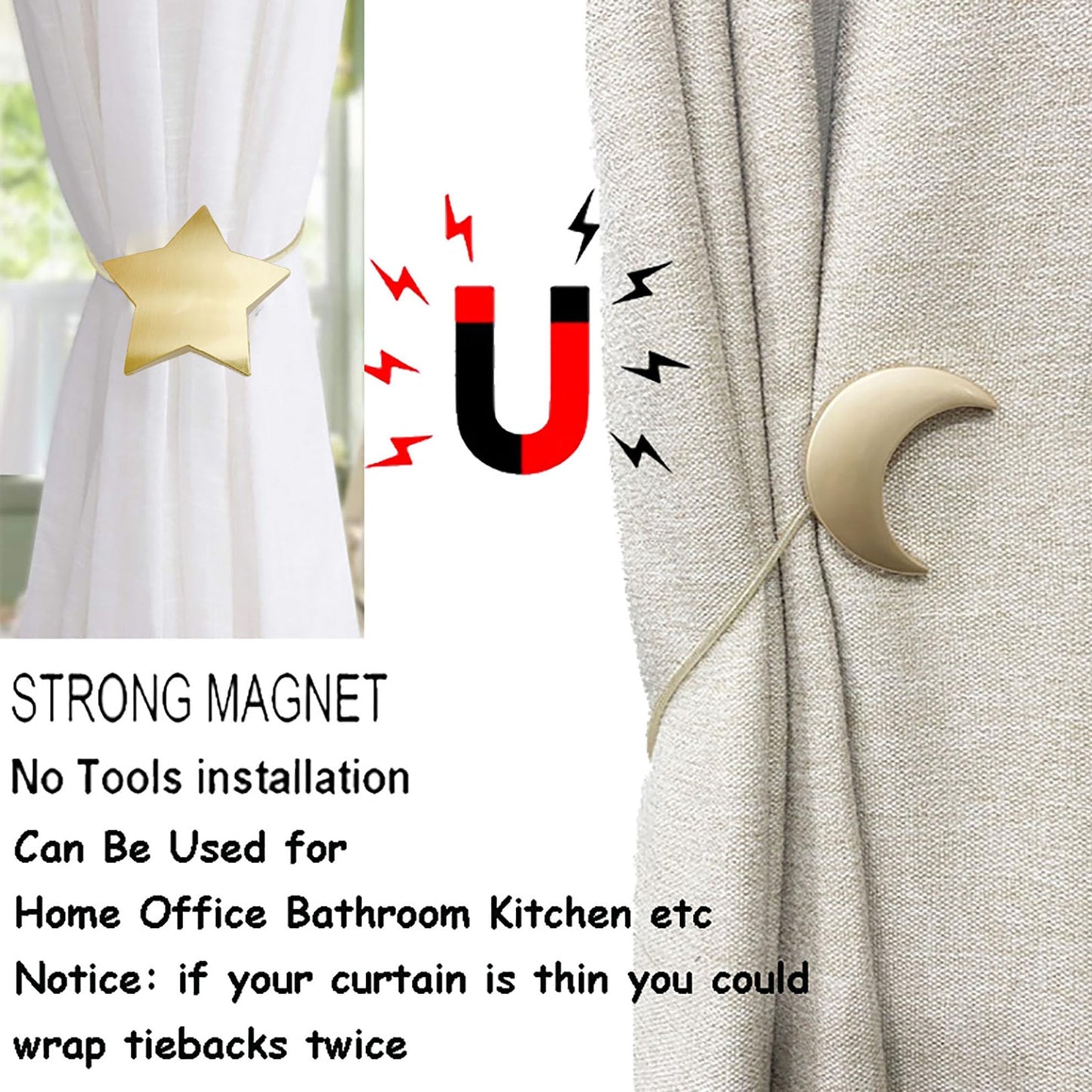 Magnetic Curtain Tiebacks Clips Decorative Rope Holdbacks 1 Pair Gold Moon and Star Shape Window Curtain Drape Tie Backs for Window Draperies Hold, Bedroom Home Décor (1pc Moon +1pc Star)
