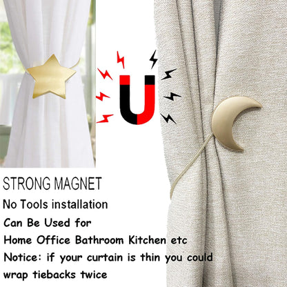 Magnetic Curtain Tiebacks Clips Decorative Rope Holdbacks 1 Pair Gold Moon and Star Shape Window Curtain Drape Tie Backs for Window Draperies Hold, Bedroom Home Décor (1pc Moon +1pc Star)