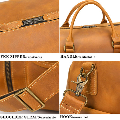 Leather Travel Duffle Bag, Vintage 23" Thick Full Grain Cowhide Travel Bags Leather Overnight Luggage YKK Zipper