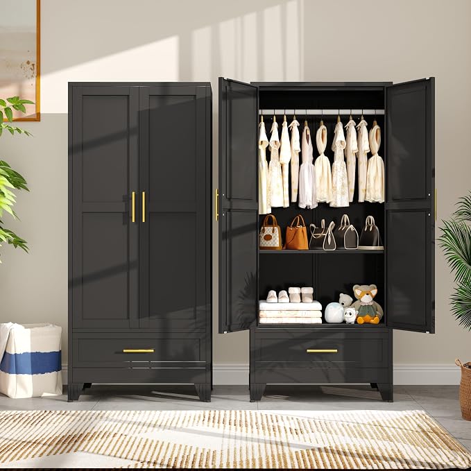 Metal Armoire Wardrobe Closet with Drawers,Storage Cabinet with Hanging Rod,71'' Metal Wardrobe Cabinet with 2 Doors and Adjustable Shelves for Bedroom, Laundry Room, Cloak Room
