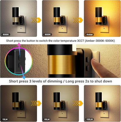 JandCase Plug in Night Light, Rotating Night Light with 3 Colors, 3000K/5000K/Amber, Dimmable Night Lights with Dusk to Dawn Sensor, 360°Rotatable, LED Nightlight for Bathroom Bedroom Hallway, 2 Pack