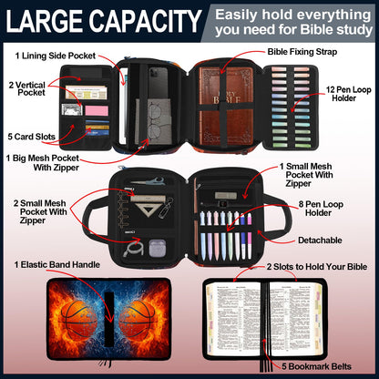 IBOVODI Basketball Bible Cover Case for Boys Kids, Ice Fire Ball Mens Large Bible Bag Book Carrying Case Handle Zipper Pocket, Bible Study Supplies Journaling Kit, Highlighters Tabs Pens Cross Clips