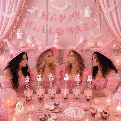 Acellegic 24 Pcs Halloween Reusable Plastic Straws Bulk Pink White Ghost Glitter Plastic Straws Cute Cartoon Ghost Decoration for Adults Halloween Party Supplies Birthday Party Favors