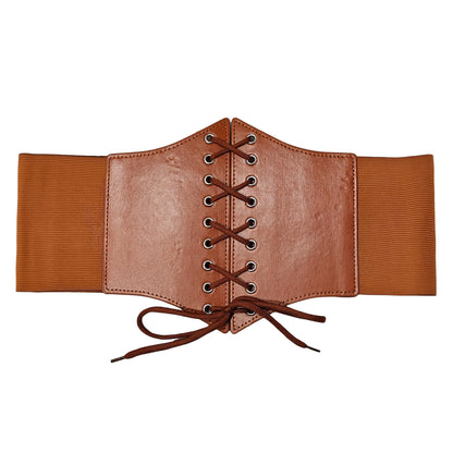 Wildarms Corset Waist Belt for Women, Wide Elastic Tie Waspie Belt for Dresses (Brown, Fit Waist 30-33in)