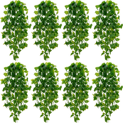 BLEUM CADE Fake Hanging Plants, 8pcs Artificial Pothos Vines Greenery for Wall Home Living Room Office Indoor Outdoor Decor (No Baskets)