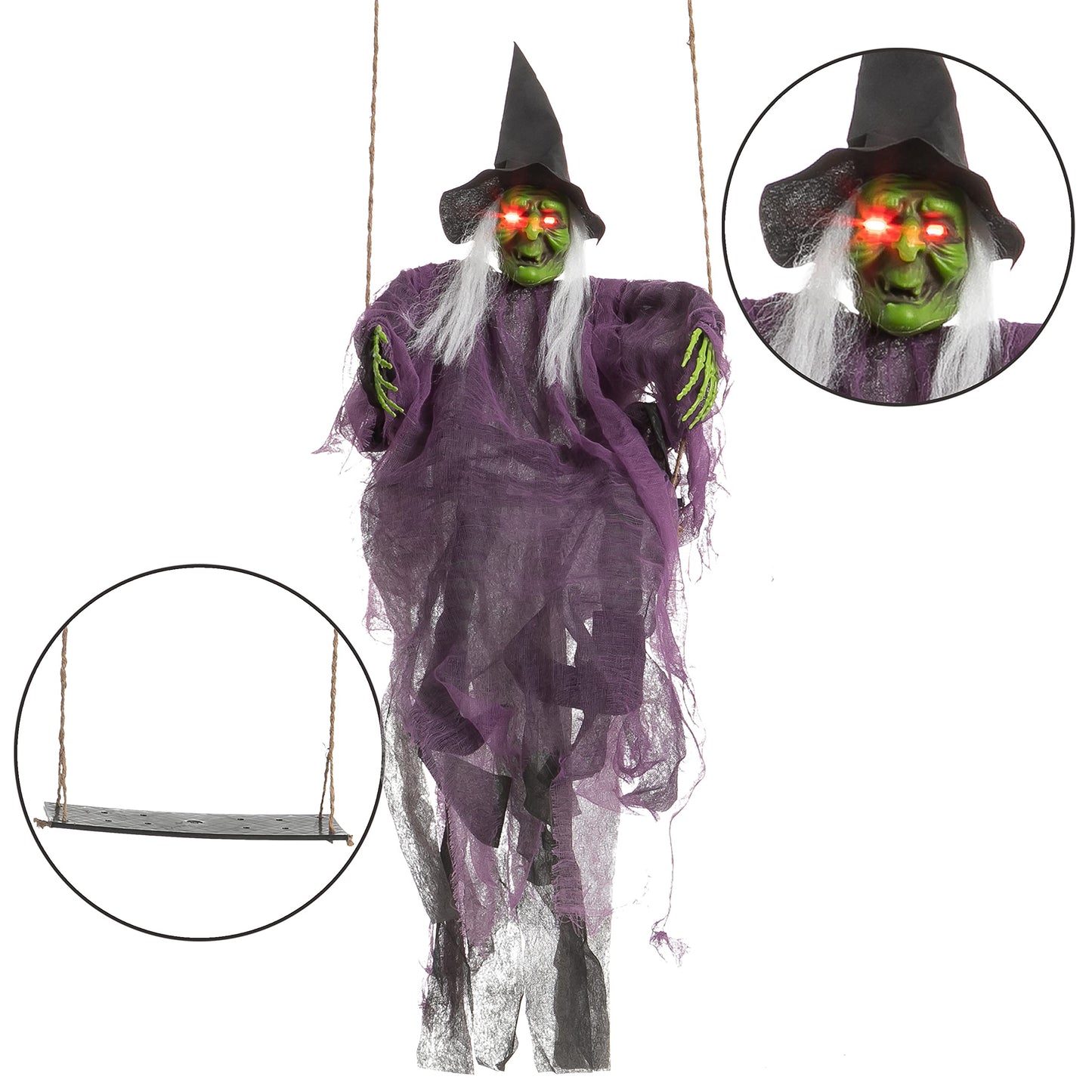 JOYIN 2 Pcs Halloween Hanging Swinging Ghosts Decorations Outdoor, Witch and Pumpkin Face with Lighted Up Eyes, Outside for Yard Patio Lawn Garden Party
