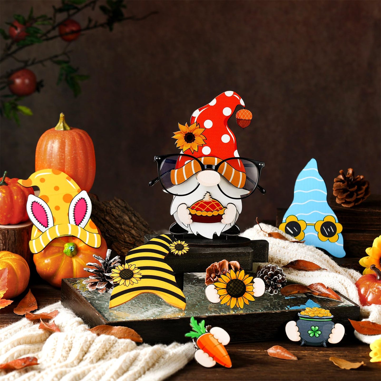 Tellegloww 27 Pcs Interchangeable Wooden Gnome Decor Spring Gnome Welcome Sign DIY Holiday Seasonal Eyeglass Holder Stand Tiered Tray Decorations for Table Home Decorations
