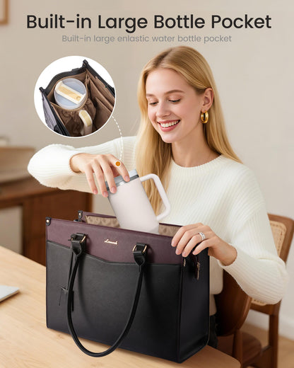 LOVEVOOK 17.3 inch Laptop Bag for Women, 2-in-1 Multi-Pocket Leather Tote Purse with Elegant Clutch & Cup Holder, Waterproof Structured Large Capacity Work Briefcase for Office Travel, Wine Red-Black