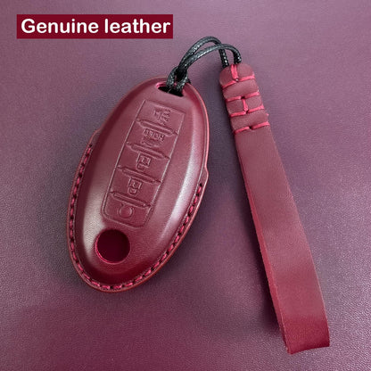 Yonmcfn Leather Car Key Fob Cover for Nissan with Keychain, Premium Leather Full Protection Key Case for Rogue Altima Sentra Maxima Armada Pathfinder Murano fit 5 Buttons Smart Remote Key(Red)