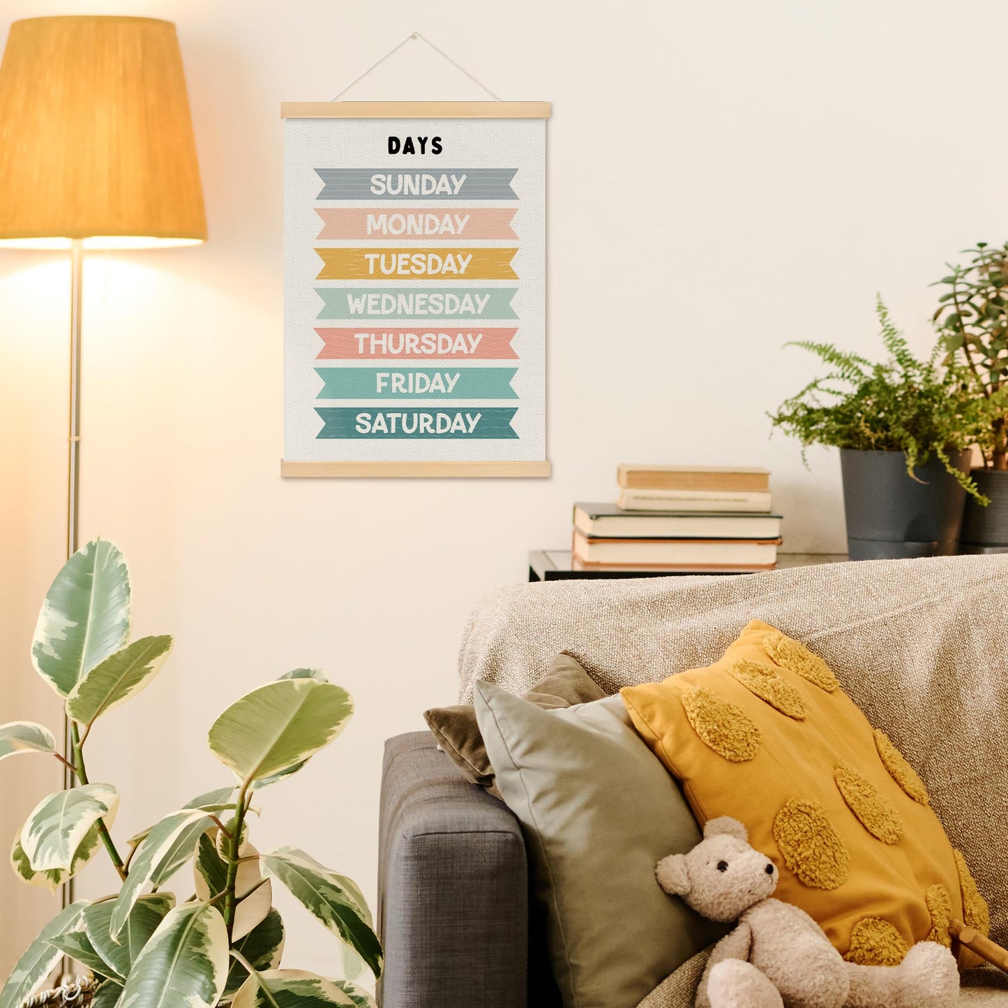 MOTERMATE Days of The Week Wall Art Poster for Kids, Boho Toddler Room Decor, Learning Educational Canvas Poster Hanger Frame for Toddlers Classroom, Kids Playroom Wall Hanging Banner Decor, 12x16Inch