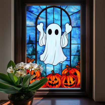 HOMETITUTE Halloween Ghost Window Film 31x47 Inch Pumpkin Decorative Window Film Cute Spooky Glass Cling for Kids Party Door Mirror Privacy Decor Stained Glass Windows Art for Home School Office