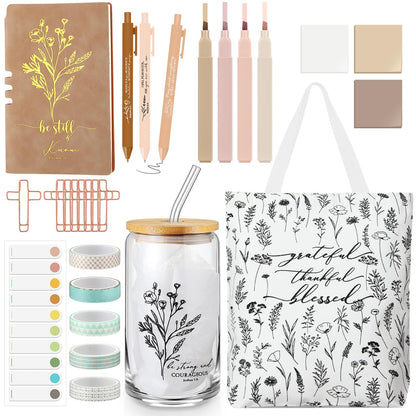 Singhoow 29 Pcs Bible Journaling Supplies Kit 16 oz Glass Cup Canvas Bag Leather Notebook Highlighters Pens Sticky Note Tapes Bible Study Supplies for Women Sunday School Teacher(Boho, Khaki)