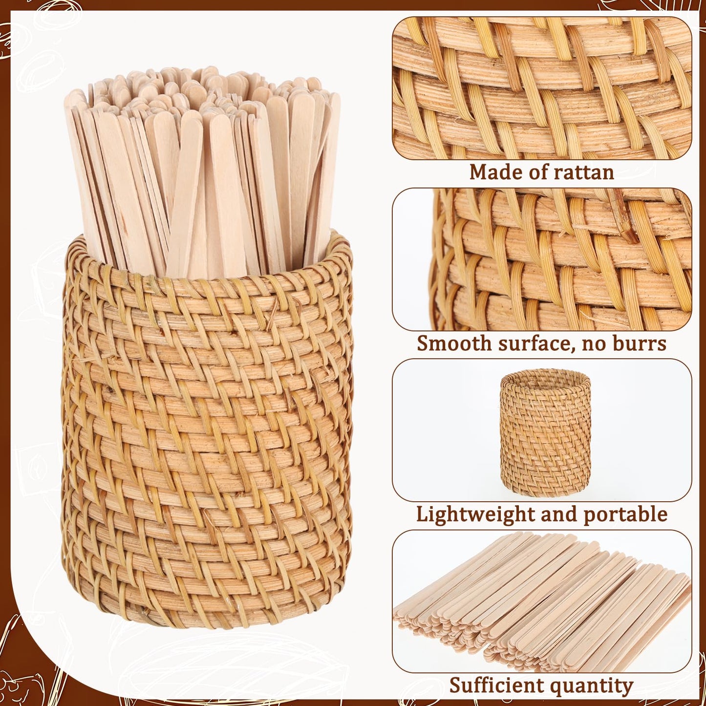 200-Count Coffee Stirrers Holder, 5-Inch Rattan Cocktail Stirrers, Wood Stir Sticks for Hot or Cold Beverages, Coffee Bar, Home Kitchen, Party Supplies & Halloween Decor