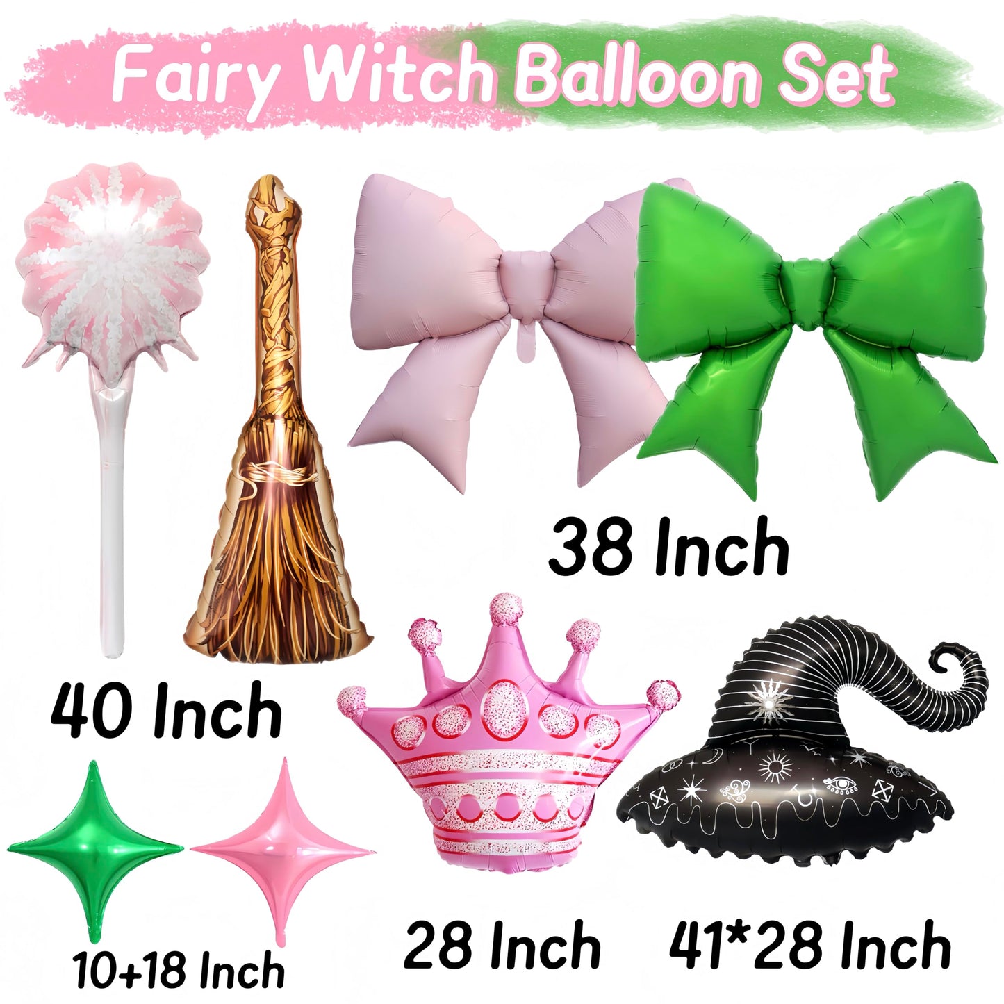 10Pcs Witch Party Party Balloons/Green Pink Bow Crown Sparklers Wizard Hat Broom Foil Balloons/Wick*ed Birthday Party Supplies/Magic Wizard Birthday, Enchanted Fantasy Magical Celebration