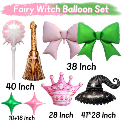 10Pcs Witch Party Party Balloons/Green Pink Bow Crown Sparklers Wizard Hat Broom Foil Balloons/Wick*ed Birthday Party Supplies/Magic Wizard Birthday, Enchanted Fantasy Magical Celebration