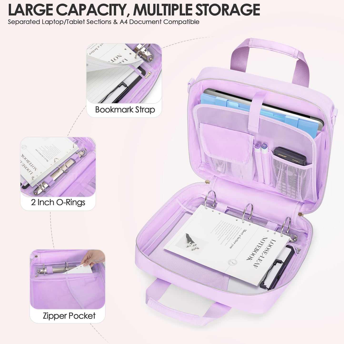 Prokva 3 Ring Zipper Binder, 2 Inch Ring Binder Organizer Bag with Shoulder Strap Fits 13 Inch Laptop and 500 Sheets, Purple(Empty Bag Only)