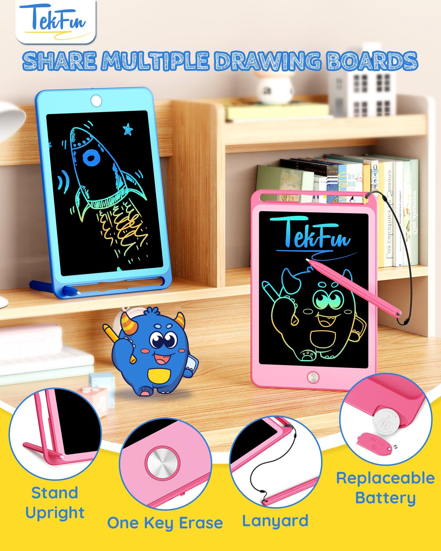 TEKFUN 2 Pack LCD Writing Tablet for Kids, 10 Inch Blue+Pink Doodle Board Drawing Board Reusable Drawing Tablet with Lanyard, Educational Kids Toddler Toys Birthday Gift for Boys Girls 3-12 Years Old