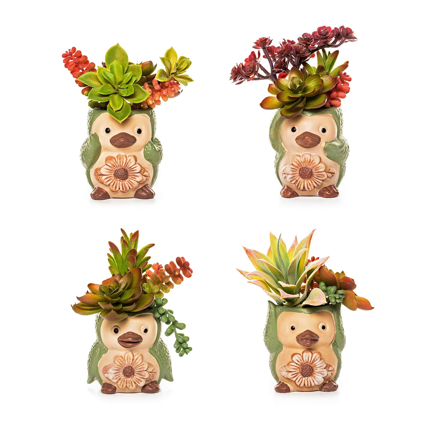 Bird/ Penguin Mini Succulent Pots, 3.6x3.5x2.3,Ceramic Animal Succulent planters,Cute Set- 4 small Flower pots,Cactus Animal Planter, Indoor/ outdoor Plant Pot,Funny Planters with Drainage Hole