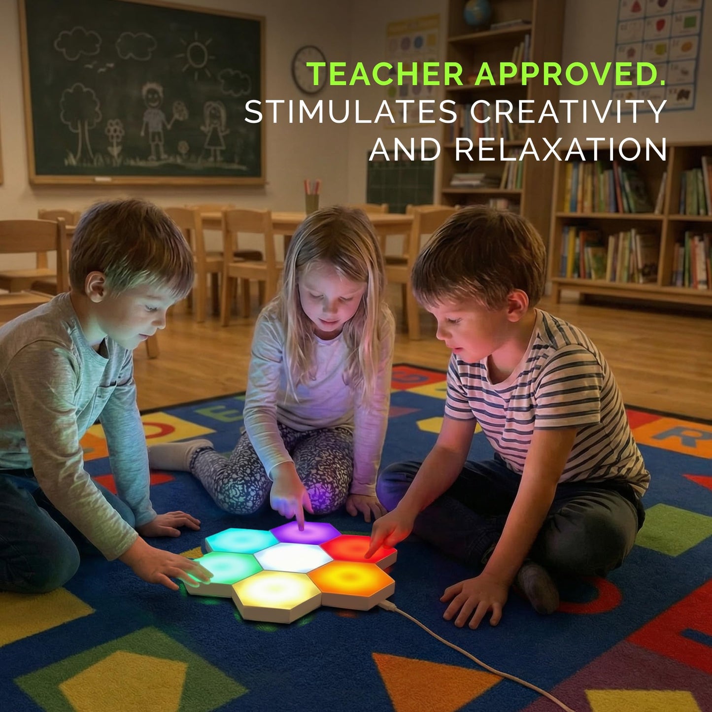 Emberela HEXlights Sensory Lights for Kids - 7pk Touch Hexagon Lights, Remote Controlled - Autism-Friendly Tap Tap Wall LED Panels for Sensory Room - Table Stand Included