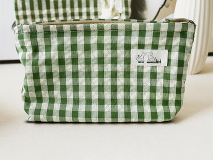 HAPPYHEIDI Nylon Checker Makeup Bag Set 3 with Compartment Cosmetic Toiletry Travel Pouch,Purse Accessory Organizer, 3-Size, Beige Green Plaid, Canvas Lined
